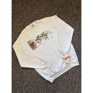 Vintage 80s Jerzees Mens XL Sweatshirt Off White Horse Race Crewneck Made in USA